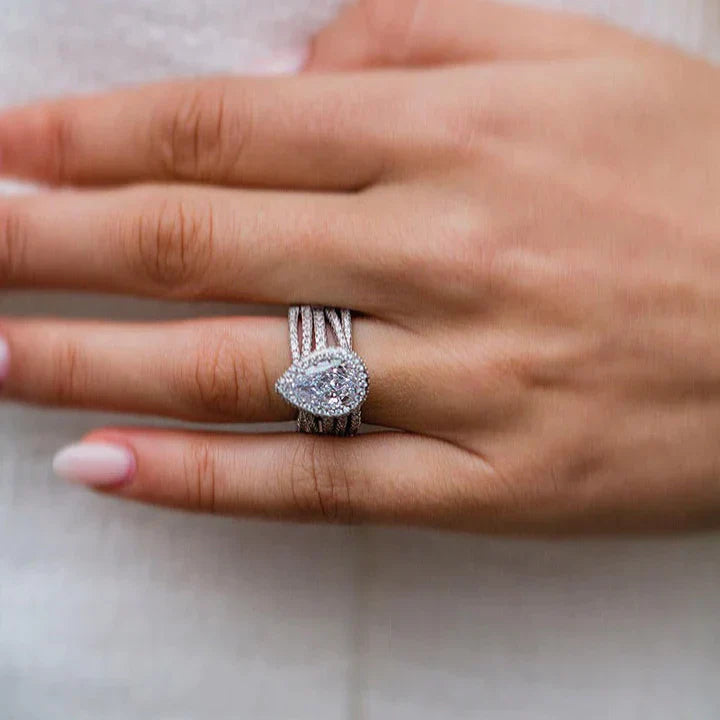 Classic Halo Pear Cut Wedding Bridal Set with Interweave Band