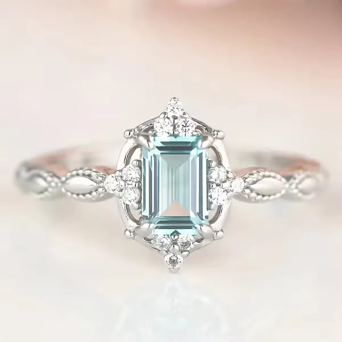 Ariella's Vintage-Style Aqua Blue Ring, 925 Sterling Silver, Emerald Cut