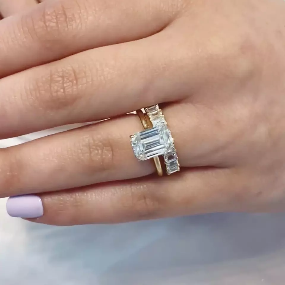 Cressida Emerald Cut Moissanite Solitaire Engagement Ring 14K Yellow Gold Plated