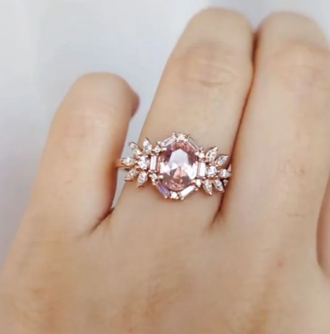 Reya Vintage Halo Rose Gold Pink Oval Cut Sterling Silver Ring
