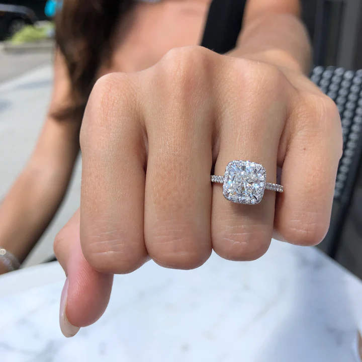3.2 Carat Cushion Cut Halo Engagement Ring In Sterling Silver