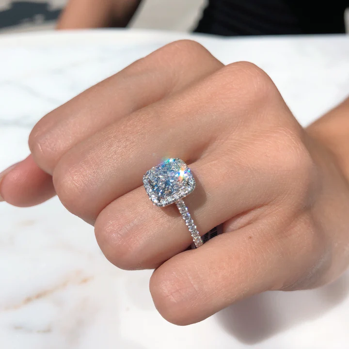 3.2 Carat Cushion Cut Halo Engagement Ring In Sterling Silver