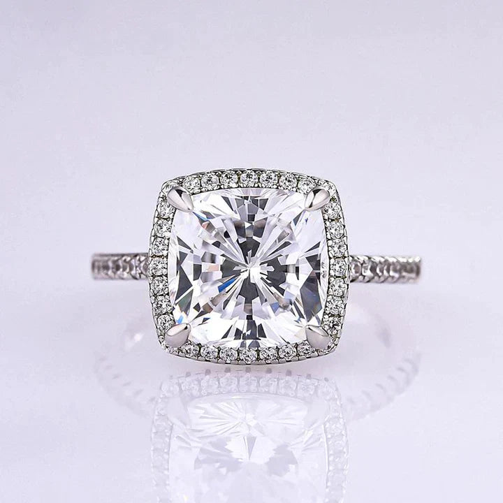3.2 Carat Cushion Cut Halo Engagement Ring In Sterling Silver
