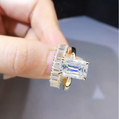 Cressida Emerald Cut Moissanite Solitaire Engagement Ring 14K Yellow Gold Plated