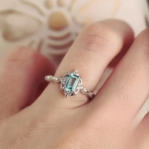 Ariella's Vintage-Style Aqua Blue Ring, 925 Sterling Silver, Emerald Cut