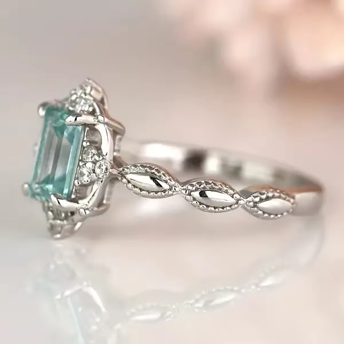 Ariella's Vintage-Style Aqua Blue Ring, 925 Sterling Silver, Emerald Cut